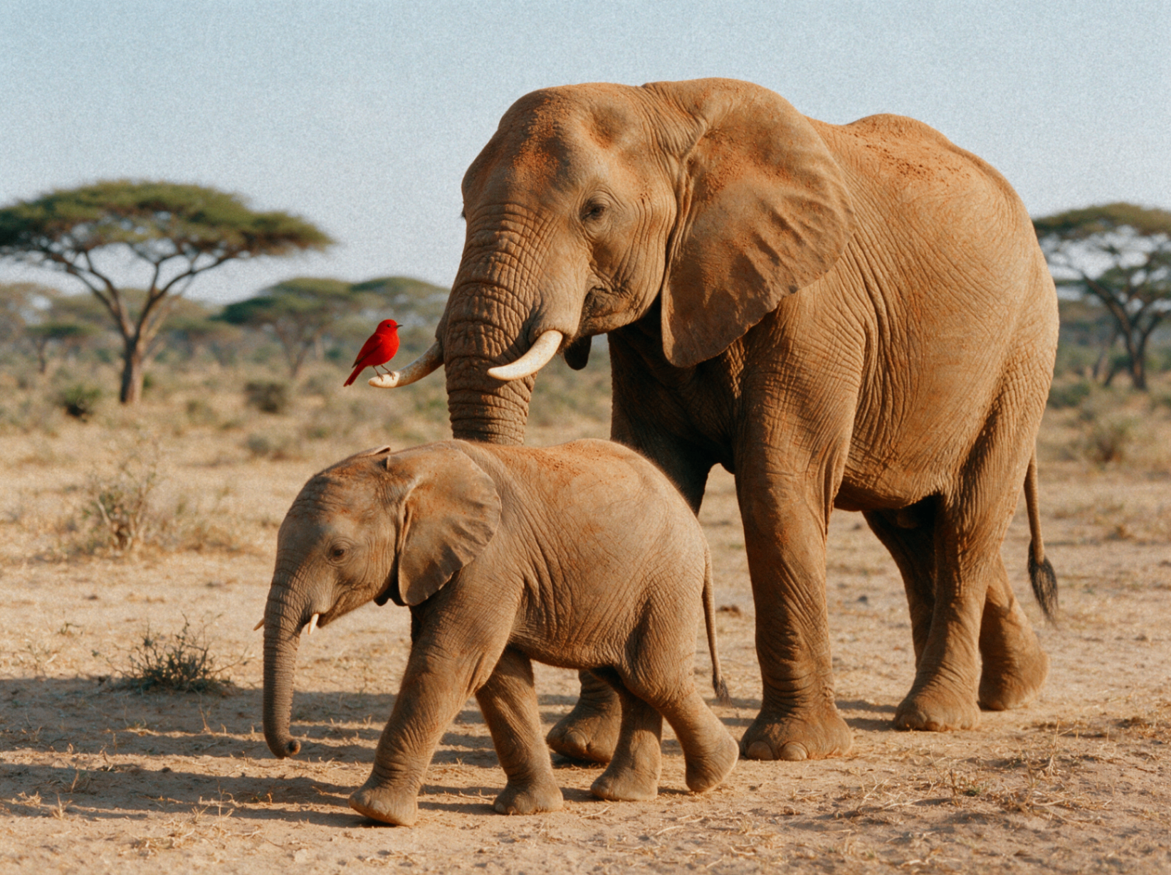 A mother elephant walking beside her calf in golden hour light