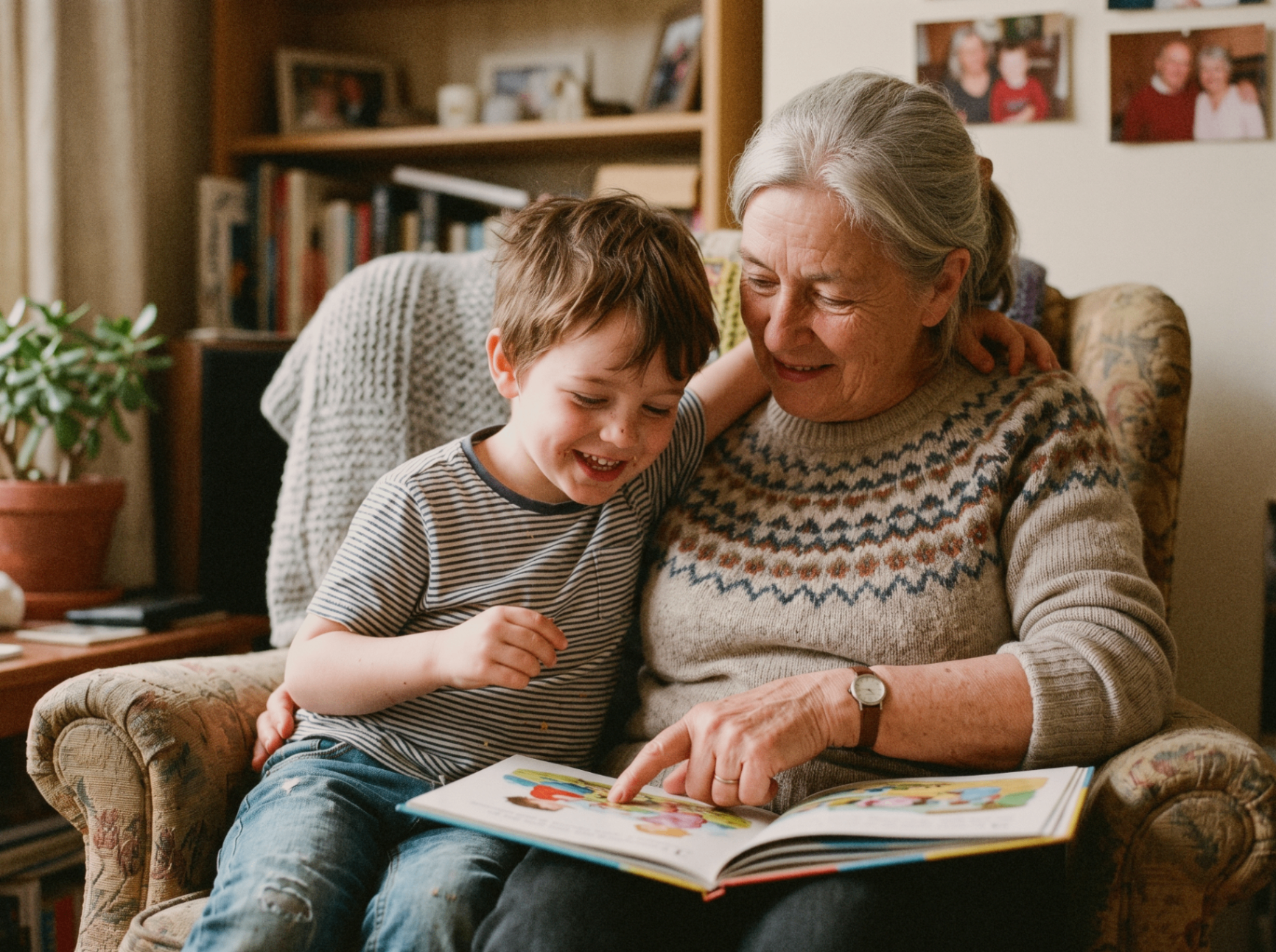 A grandmother and small child at a sunlit kitchen table